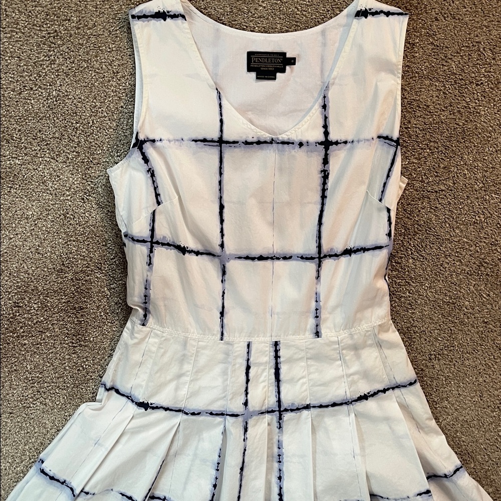 Pendleton sz6 All Cotton White Summer Dress w/Indigo Blue Windowpane TieDye